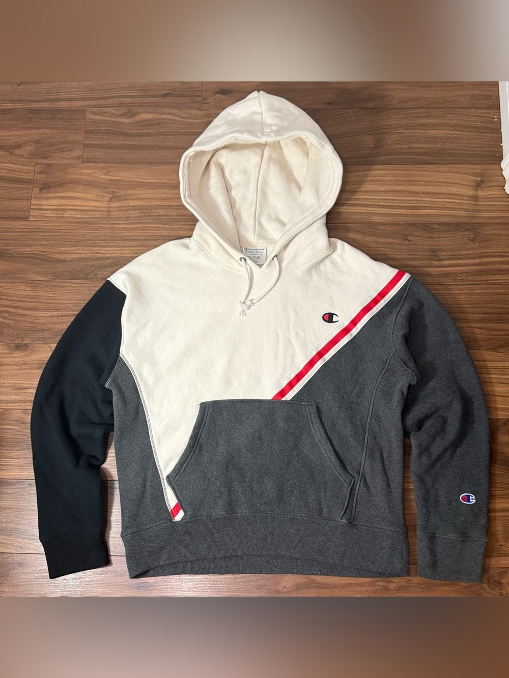 Champion Colorblock Hoodie in Cream, Charcoal, Black & Red Stripe